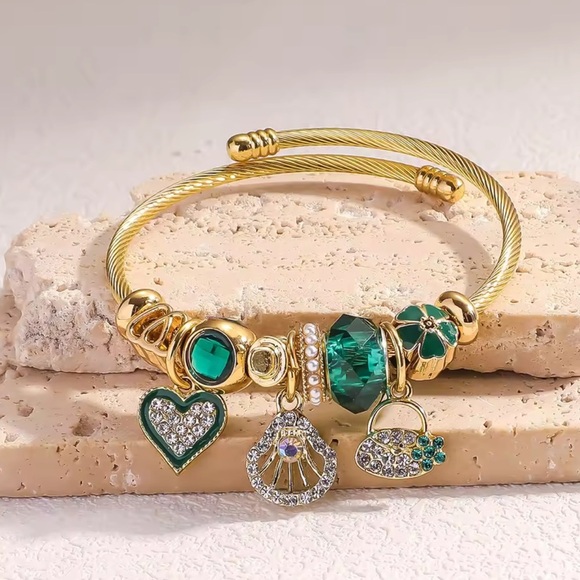 Emerald Charm 18K Gold Stainless Steel Cable Bracelet - Picture 9 of 10